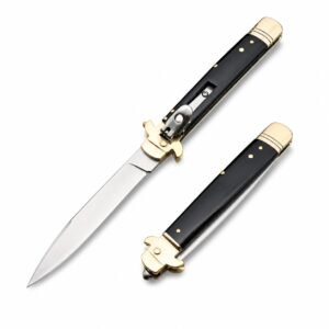 AKC Leverletto Messingschutz, seitlich öffnendes Messer aus schwarzem Horn