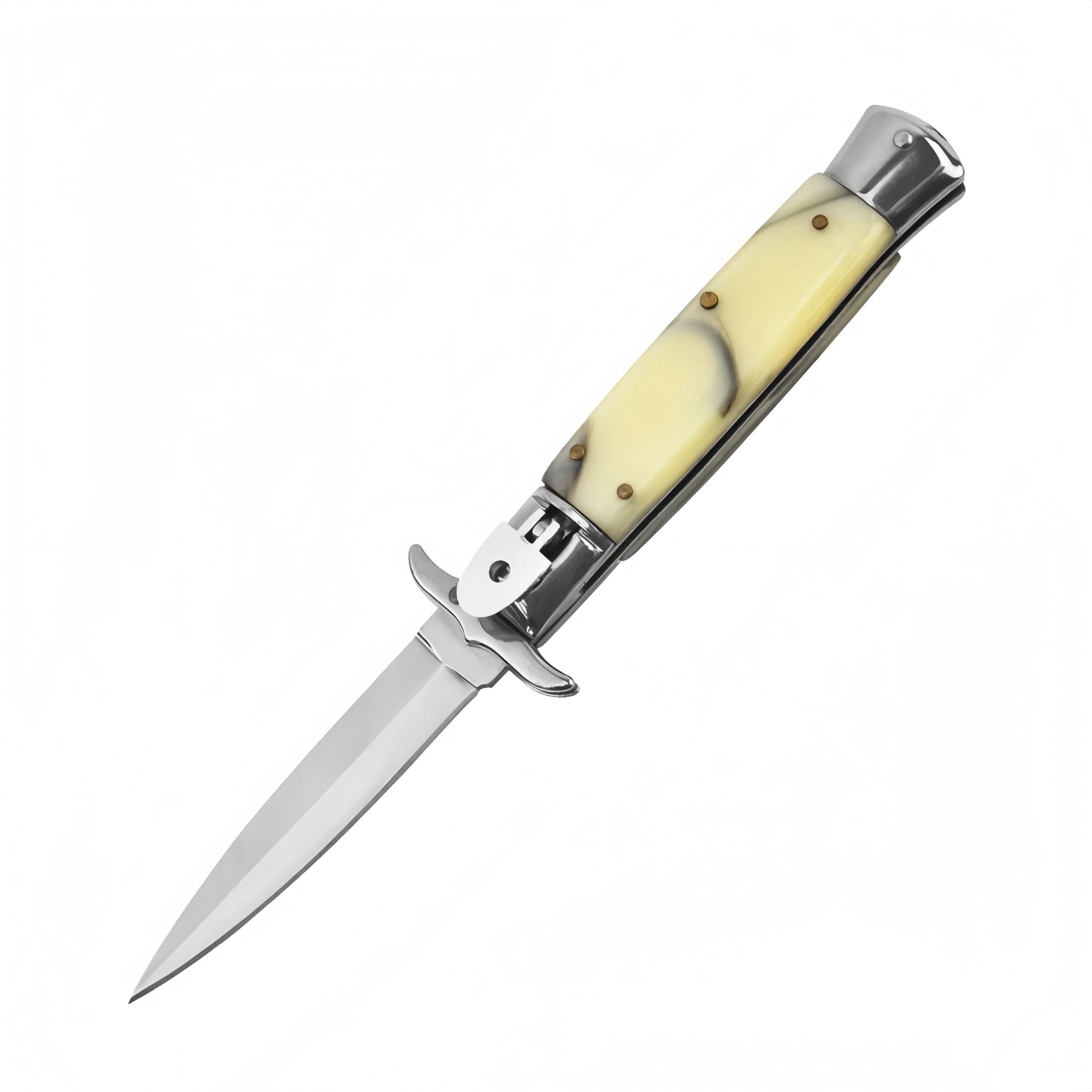 O1CN01ktadL31zdbOK4iOEh_2220574796737-0-cib-scaled-1.webp 9-Zoll-Italienisches Stiletto-Messer – Automatische Springklinge mit gelbem Harzgriff